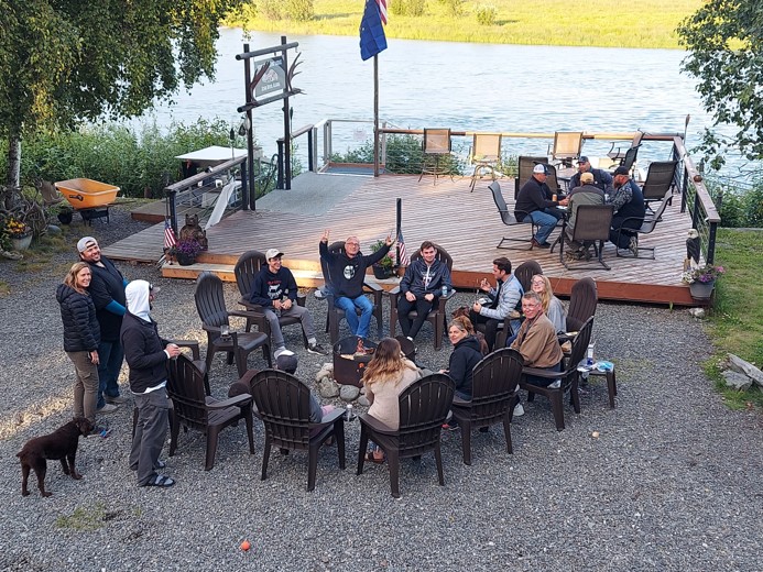 Gathering on the riverside deck